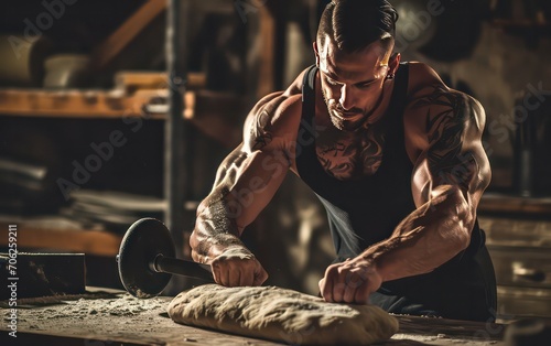 A muscular man at the gym vigorously slaps a weighted barbell against a slab of dough.