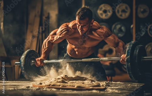 A muscular man at the gym vigorously slaps a weighted barbell against a slab of dough. photo