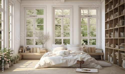 Francuski wiejski projekt wnętrza nowoczesnej sypialni w wiejskim domu. białe ściany jasne wnętrze z dużym oknem  photo