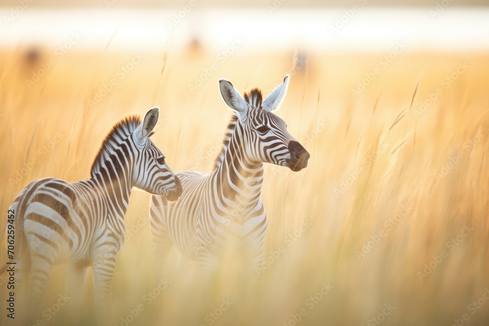 Fototapeta premium zebras interacting gently in a serene grassland