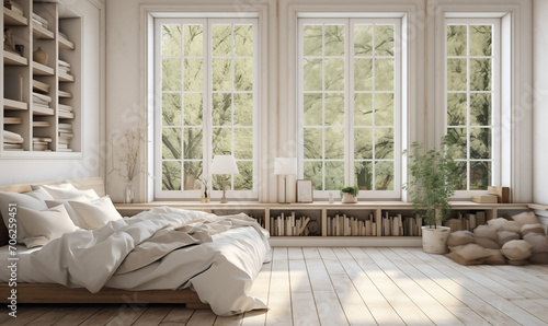 Francuski wiejski projekt wnętrza nowoczesnej sypialni w wiejskim domu. białe ściany jasne wnętrze z dużym oknem 