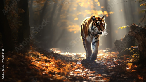 realistic tiger with bushy tail and black ears  walking on a dirt path through a forest with tall trees and colorful leaves  with rays of sunlight and mist creating magical atmosphere