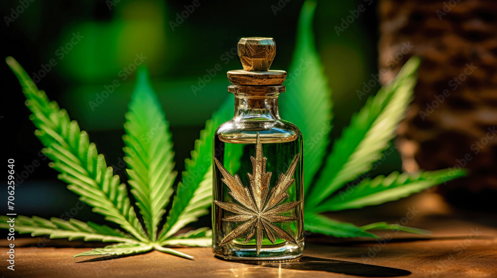 Glass bottle with hemp oil. Medicinal properties of marijuana. Close-up of cannabis extract for smoking. Glass bottle with hemp oil. Medicinal properties of marijuana. Close-up of cannabis extract for smoking.