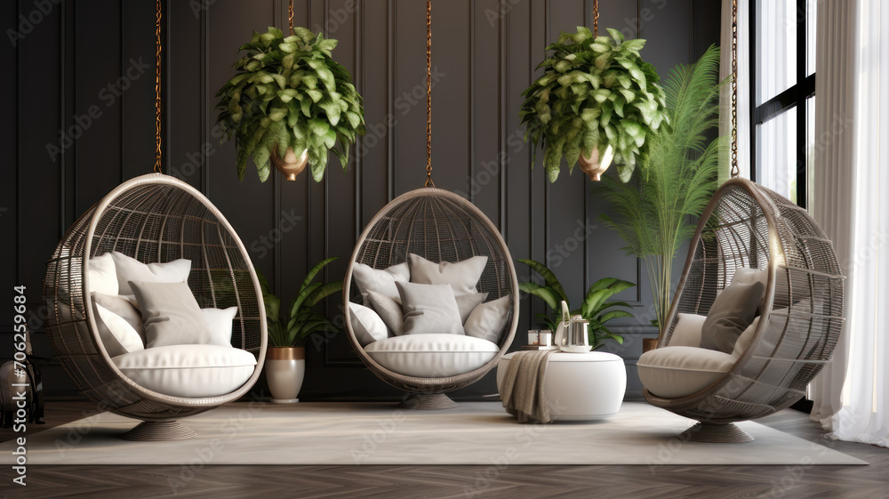General view of luxury living room interior with armchairs, sofa and hanging basket chair General view of luxury living room interior with armchairs, sofa and hanging basket chair