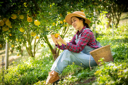 Happy woman farmer smiling in the gardenl under checking gardening organic orange tree plant garden and harvesting ripe orange crop by taplet computor is agriculture harvesting smart farm concept. photo
