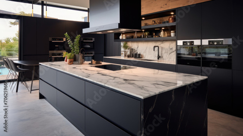 Front view of a modern designer kitchen with smooth handleless cabinets with black edges, black glass appliances, a marble island and marble countertops