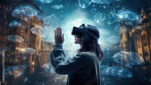 double exposure Amazed young woman or man touching the air during the VR experience. on gamer background