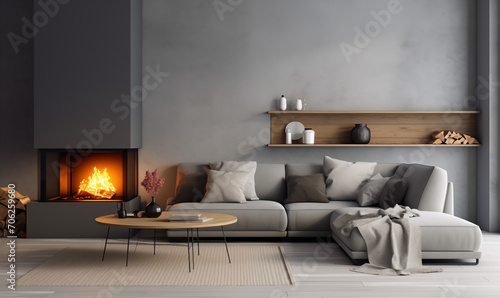 Szara narożna sofa przy szklanym kominku. Minimalistyczny wystrój nowoczesnego salonu. Skandynawski design, wygodne meble