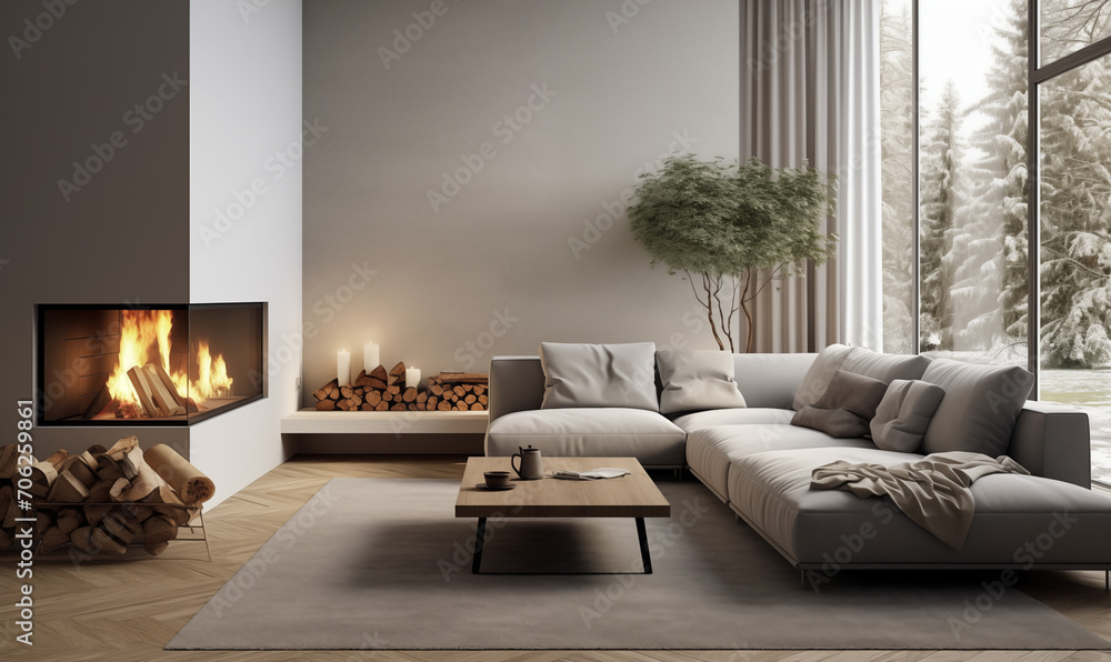 Szara narożna sofa przy szklanym kominku. Minimalistyczny wystrój nowoczesnego salonu. Skandynawski design, wygodne meble - obrazy, fototapety, plakaty 
