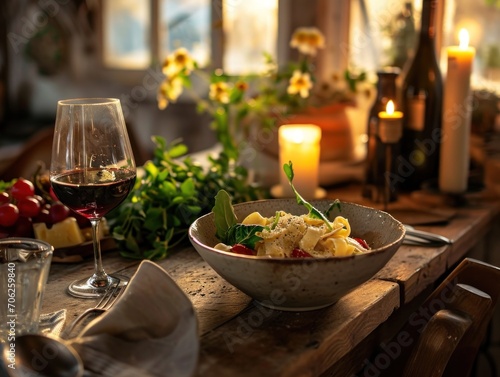 An intimate dinner setting featuring a bowl of pasta, a glass of red wine, and lit candles, creating a warm ambiance.