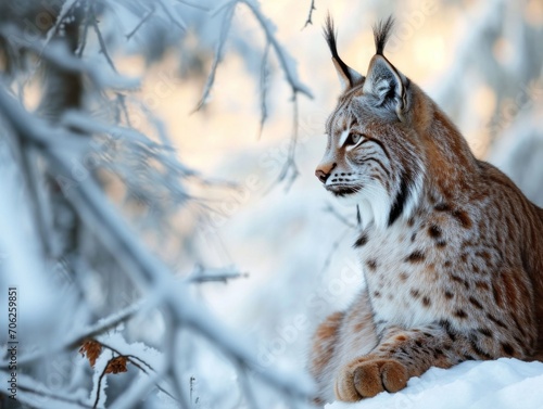A majestic lynx sits gracefully amidst a snowy forest backdrop, its piercing eyes surveying the serene winter landscape.