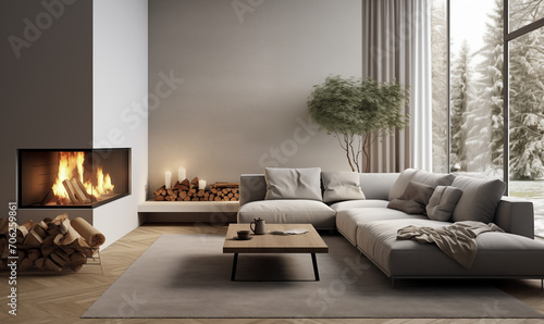 Szara narożna sofa przy szklanym kominku. Minimalistyczny wystrój nowoczesnego salonu. Skandynawski design, wygodne meble © hunter76