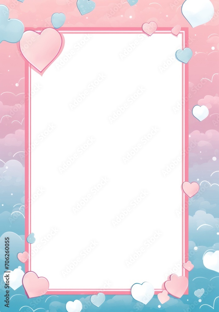 A charming frame design adorned with cute hearts and fluffy clouds against a pastel blue background, ideal for messages of love and joy.