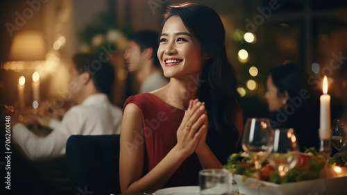 Woman Applauding Amidst Soft Focus and Cinematic Ambiance at Dinner Party photo