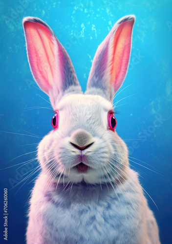 A surreal illustration of a white rabbit with glowing red eyes, exuding a sense of mystery and fantasy.