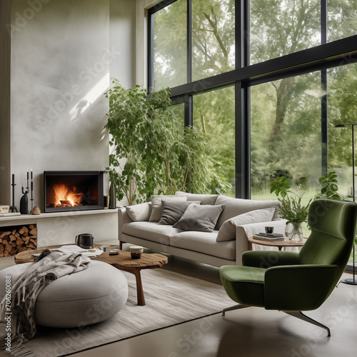Zielony fotel pokoju z nowoczesnym kominkiem. Skandynawski wystrój wnętrz nowoczesnego salonu w domu. dużo zieleni za oknem