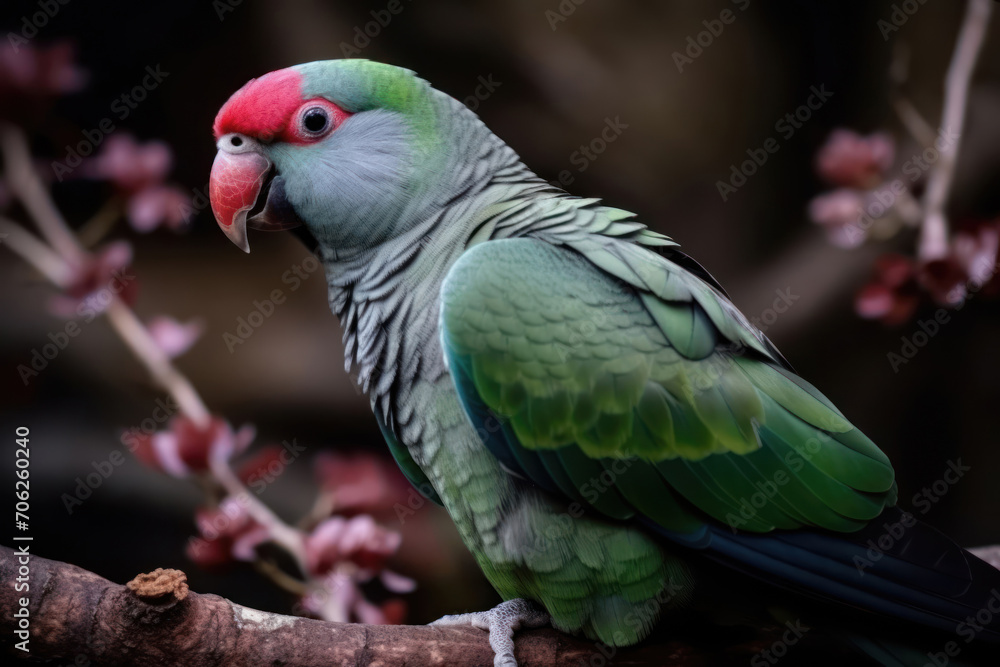 Obraz premium Vivid green parrot perched on a blooming cherry blossom branch in a serene setting.