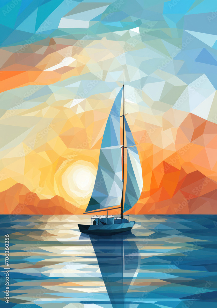 Digital illustration of a stylized sailboat on tranquil waters against a vibrant sunset backdrop.