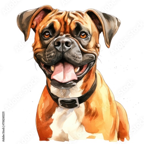 A vibrant portrait illustration of a joyful boxer dog with a warm and inviting expression. © Evarelle