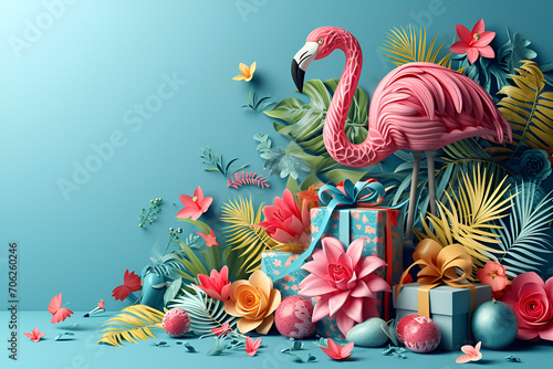 Exotic tropical summer travel background. Summer beach party concept. Summer sale. Pink flamingo, tropical leaves, orchid flower, palm branches on blue background	
