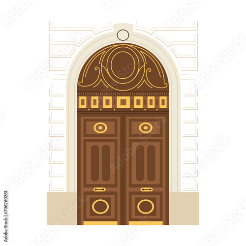 Front doors of residential houses. Home entrances exteriors. Outside of doorways luxury vintage antique. Different entries from street. Flat vector illustrations isolated on white background