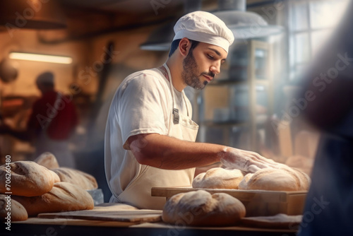 A worker in a bakery puts bread in the oven. Bread production enterprise. Bakery. Close-up.