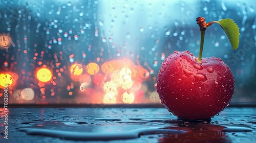 Cherries on the table in water droplets.