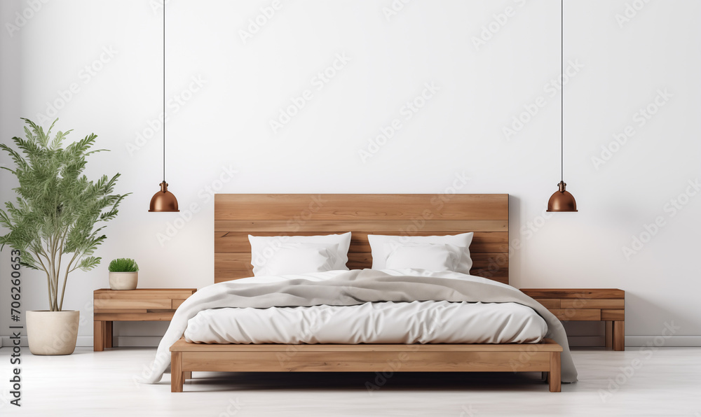 Rustykalne drewniane łóżko na tle pustej białej ściany z miejscem do kopiowania. Skandynawski loftowy projekt nowoczesnej sypialni.   - obrazy, fototapety, plakaty 