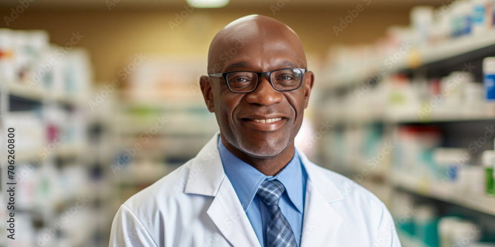 Portrait, mature male and pharmacist in store for healthcare, medicine and medical service. Confident, smile or friendly senior man in a pharmacy for medication, health or professional occupation
