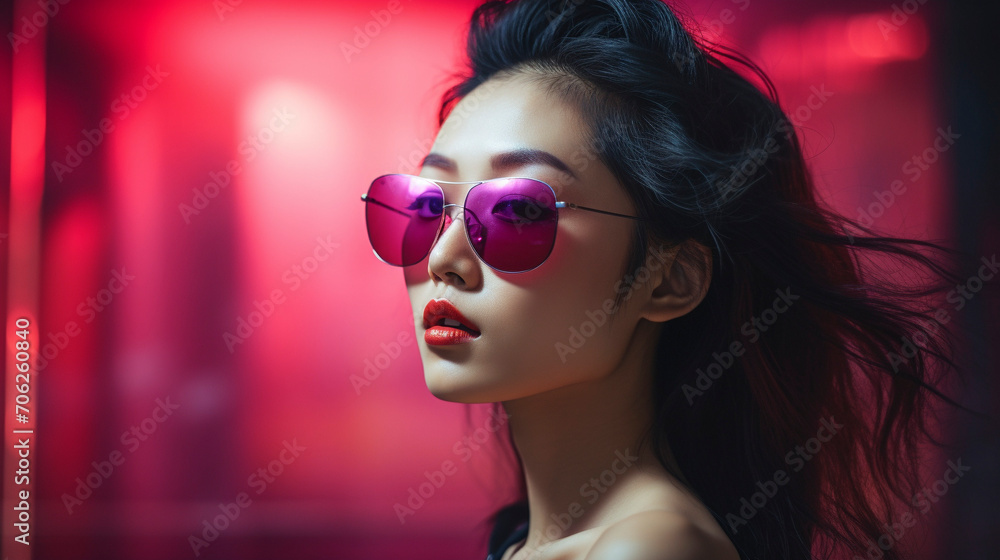 Sunglasses Chic: Stylish Korean Model in Pink Shades ,Generative AI