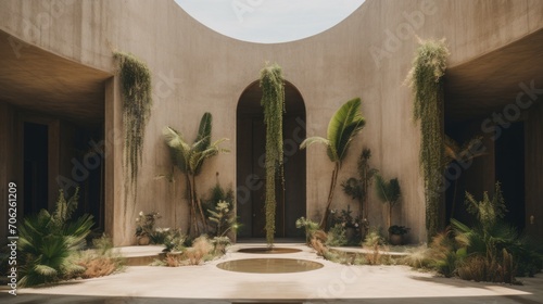 A courtyard with a fountain surrounded by palm trees