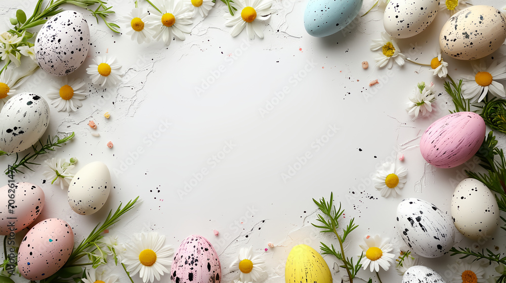 White empty area for text surround with Easter eggs and flowers border. Top view