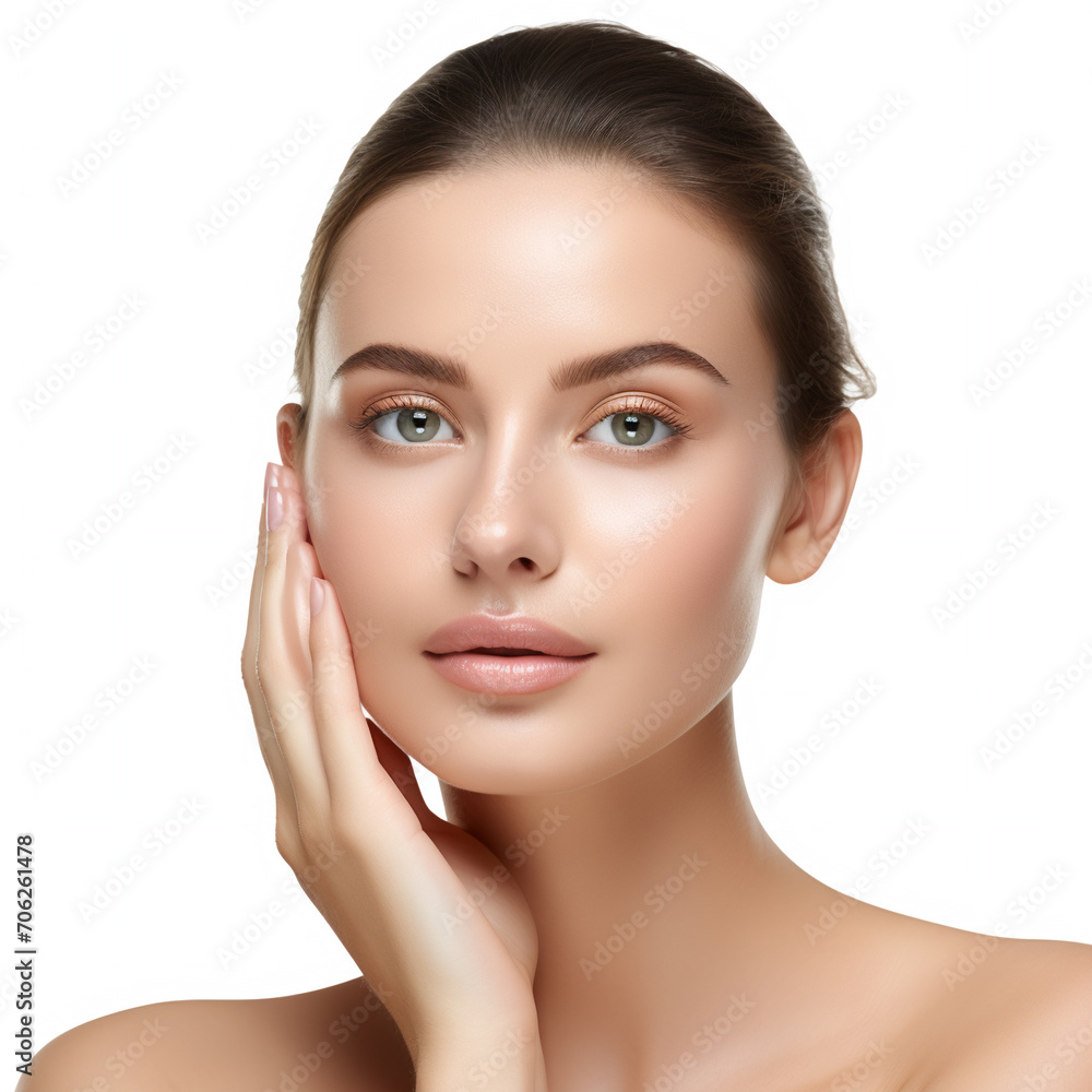 beautiful woman with spotless clear skin touching her face, AI Generative. beautiful woman with spotless clear skin touching her face, AI Generative.