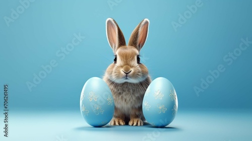  Easter bunny rabbit with blue painted egg on blue background © Amer