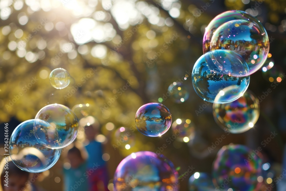 Colorful soap bubbles floating with a sunlit bokeh background in a park setting. Colorful soap bubbles floating with a sunlit bokeh background in a park setting.