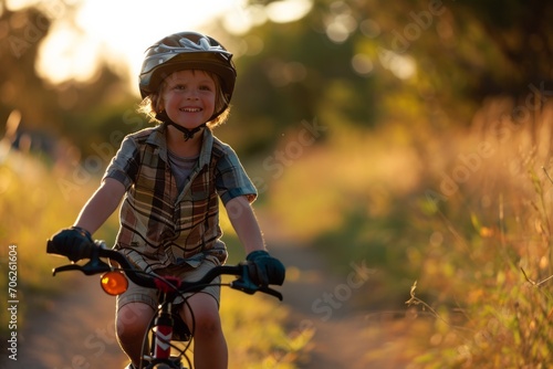 Happy child riding a bike on a sunny path with golden light filtering through trees, wearing a helmet for safety.