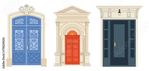 Front doors of residential houses. Home entrances exteriors. Outside of doorways luxury vintage antique. Different entries from street. Flat vector illustrations isolated on white background