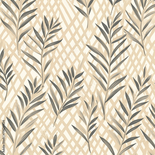 Green palm leaf motif on beige net, white background
