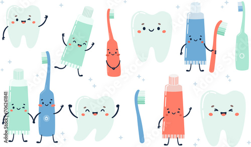 Set of flat vector illustrations. Happy healthy teeth, earth brushes, electric toothbrush, toothpaste. Oral hygiene items holding hands . Vector illustration