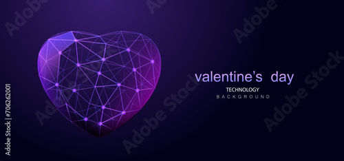 Vector happy valentine's day banner. Wireframe heart in low poly style. Ai futuristic love technology background.
