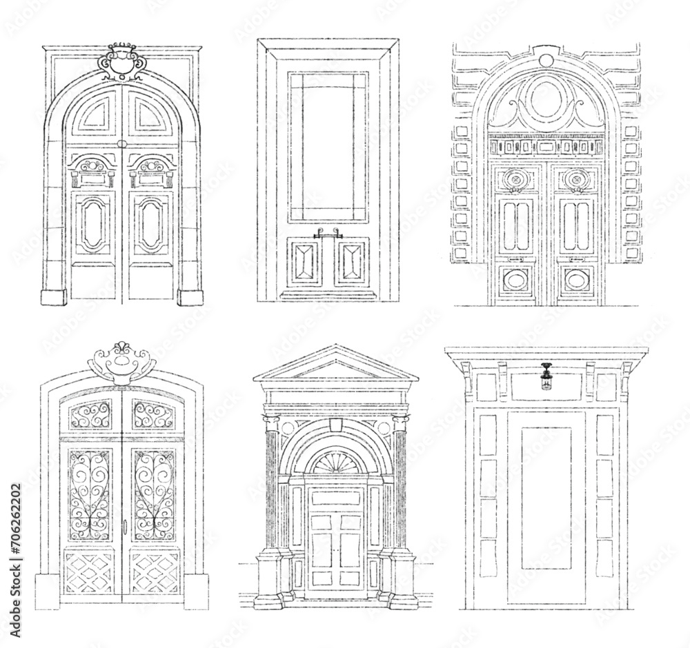 Front doors of residential houses. Home entrances exteriors. Outside doorways luxury vintage antique. Different entries from street. Line art sketch vector illustrations isolated on white background