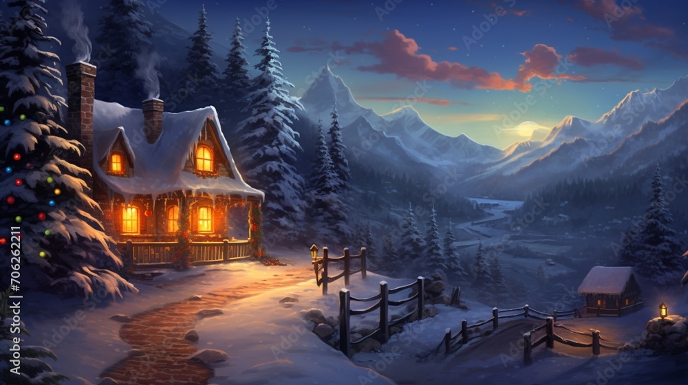 a cozy cottage nestled in the mountains, with smoke billowing from its chimney, a starlit sky above, and a Christmas tree visible through the window