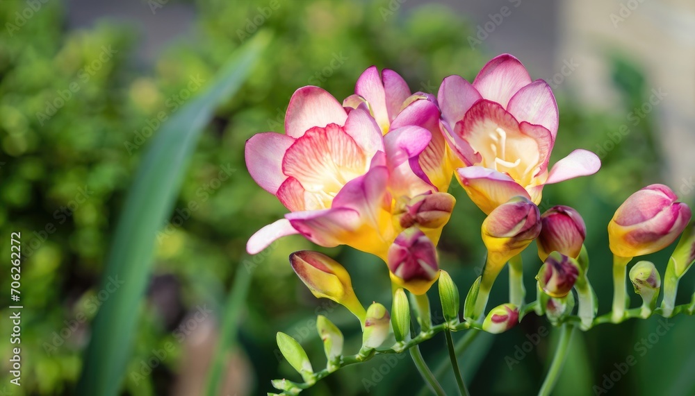 Freesia flowering in the garden, with copy space
