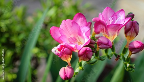 Freesia flowering in the garden, with copy space