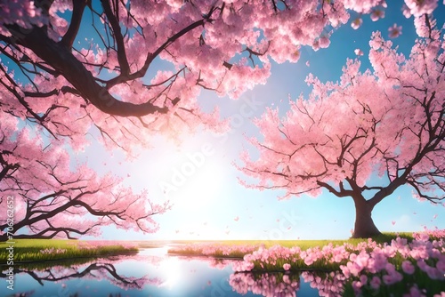 Spring border or background art with pink blossom. Beautiful nature scene with blooming tree and sun flare © Muhammad