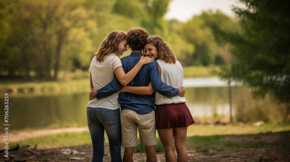 Friends hugging at a park, AI Generative. Friends hugging at a park, AI Generative.
