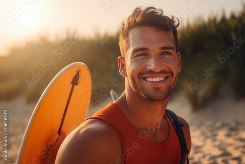 Portrait of beautiful bearded man holding sup board at sunset. Stand up paddle boarding outdoor active recreation photo