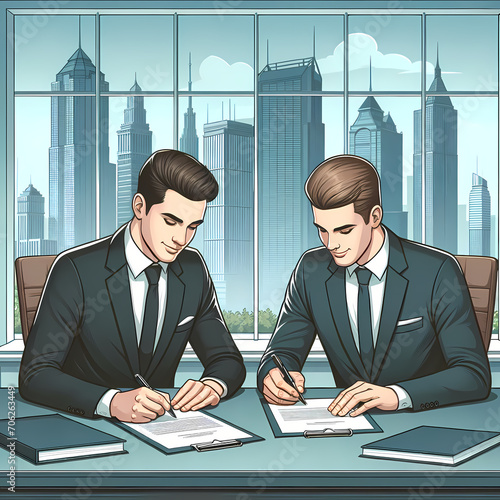 This cartoon style illustration showcases two men in a formal corporate environment, engaged in the significant act of signing a business contract together, with the silhouette of tall city buildings.