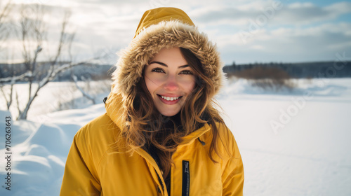 Portrait of a young beautiful smiling Caucasian girl in a yellow jacket against the backdrop of a winter, snowy landscape.
