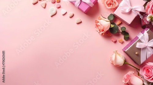 Top View of Valentine day banner design of a collection of Gift box and pink flowers on pink pastel background